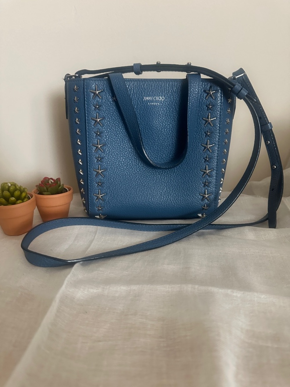 Authentic Jimmy Choo Mini Pagasi Blue Star-Embellished Leather 2-Way Crossbody